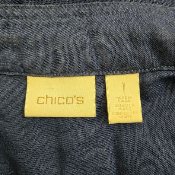 Chico's Women 1 US M Dark Blue Silver Zip Lace Moto Notched Collared Open Blazer - Picture 7 of 12